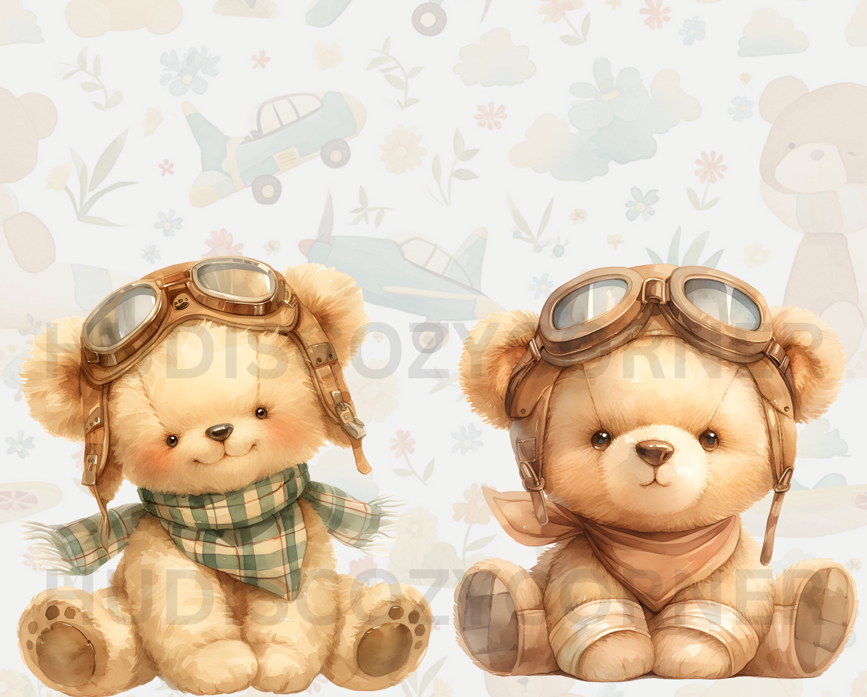 14 Vintage Pilot Teddy Bear Clipart Bundle, Watercolor Aviator Teddy ...