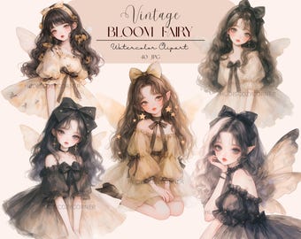 40 fate magiche vintage, clipart di fate beige acquerellate, grafica magica stampabile in formato JPG, creazioni di carta, diario di scarto