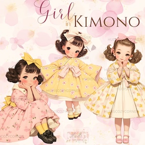 14 Dziewczyna w Kimono i Bow Clipart Bundle, Akwarela Różowy i Żółty Lato PNG, Słodka Dziewczyna Sakura, Dziennik Śmieci, Użytek Komercyjny