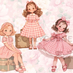May include: Three girls in pink gingham dresses with matching headbands and bows. Each girl is holding a vintage suitcase. The background is a pink floral pattern.