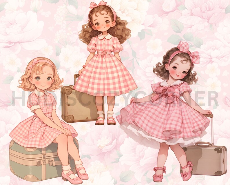 May include: Three girls in pink gingham dresses with matching headbands and bows. Each girl is holding a vintage suitcase. The background is a pink floral pattern.
