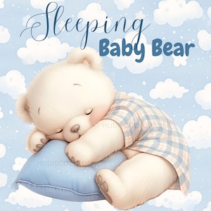 1 Clipart mignon ours en peluche endormi, aquarelle pour bébé endormi sur un coussin bleu, rêve de bébé ours, Illustration imprimable JPG pour chambre d'enfant