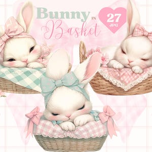 27 schattige coquette babykonijntje in mandje clipart, aquarel vintage pastel konijntjes met strik, afdrukbare lente JPG, junk Journal, decor kinderkamer