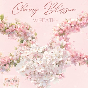 9 Clipart de coroa de flores de cerejeira em aquarela, flores de sakura em forma de coração, JPGs
