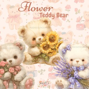 10 個の花付きテディベアのクリップアート、花付きテディベアのバンドル、印刷可能な水彩ベビーベア PNG、保育園の画像、ベビーシャワー、ペーパークラフト