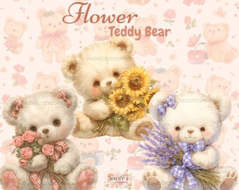 10 Teddy Bear with Flowers Clipart, Flower Teddies Bundle, Printable Watercolor Baby Bear PNG, Nursery Images, Baby Shower, Paper Craft