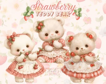 8 Vintage Strawberry Teddy Bear In Dress Clipart, Watercolor Summer PNG Images, Cute Baby Nursery Teddies Illustrations, Commercial Use