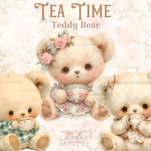 Pacote de 13 clipart de ursinho de pelúcia vintage para chá de bebê, ursinho de pelúcia aquarelado em vestido, chá de urso PNG para impressão, scrapbooking, uso comercial