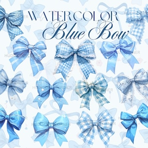32 niedliche blaue Gingham Schleife Clipart Bundle, Aquarell blaue Spitze und Satin Bögen Design, druckbare PNG Kinderzimmer Illustrationen, kommerzielle Nutzung
