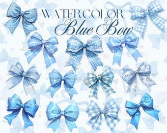 32 Cute Blue Gingham Bow Clipart Bundle, Watercolor Blue Lace and Satin Bows Design, Printable PNG Nursery Illustrations, Commercial Use