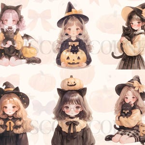 Pu&ograve; includere: Illustrazione ad acquerello con sei ragazze vestite con costumi di Halloween. Ogni ragazza &egrave; raffigurata con un gatto nero e una zucca. Le ragazze indossano cappelli da strega, orecchie da gatto e altri accessori a tema Halloween. Lo sfondo include illustrazioni di zucche e fiocchi.
