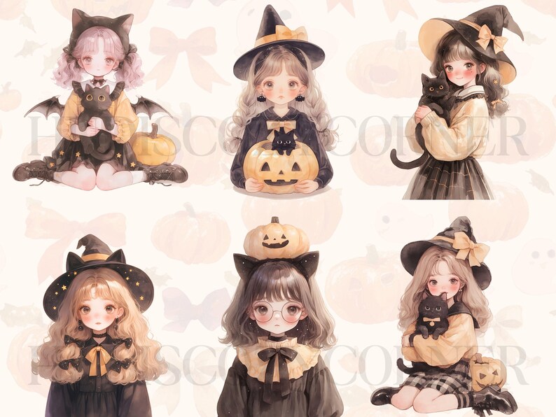 Pu&ograve; includere: Illustrazione ad acquerello con sei ragazze vestite con costumi di Halloween. Ogni ragazza &egrave; raffigurata con un gatto nero e una zucca. Le ragazze indossano cappelli da strega, orecchie da gatto e altri accessori a tema Halloween. Lo sfondo include illustrazioni di zucche e fiocchi.