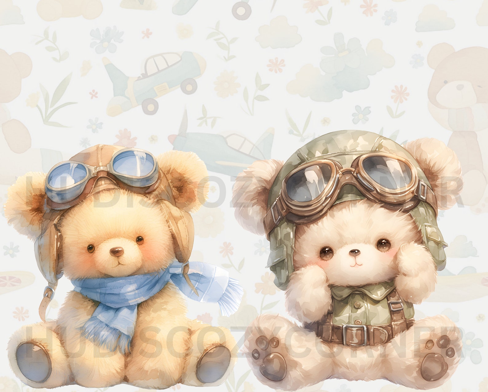 14 Vintage Pilot Teddy Bear Clipart Bundle, Watercolor Aviator Teddy ...
