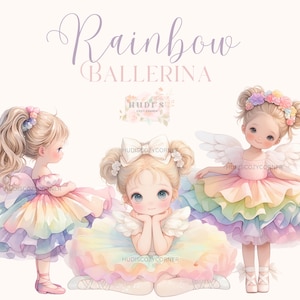 Pacote de 18 clipart de bailarina arco-íris, menina rosa aquarela em vestido tutu, bailarina JPG para impressão, artesanato em papel, diário de lixo