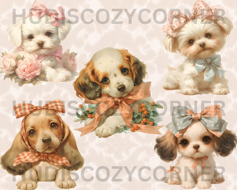 36 Cute Puppy With Bow Clipart Bundle, Watercolor Vintage Puppies ...