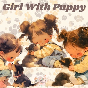 11 Süßes Mädchen mit Welpen Clipart, Aquarell Vintage Freundschaft Bundle, Kleinkind und Welpen JPG Bild, Junk Journal Scrapbooking Collage