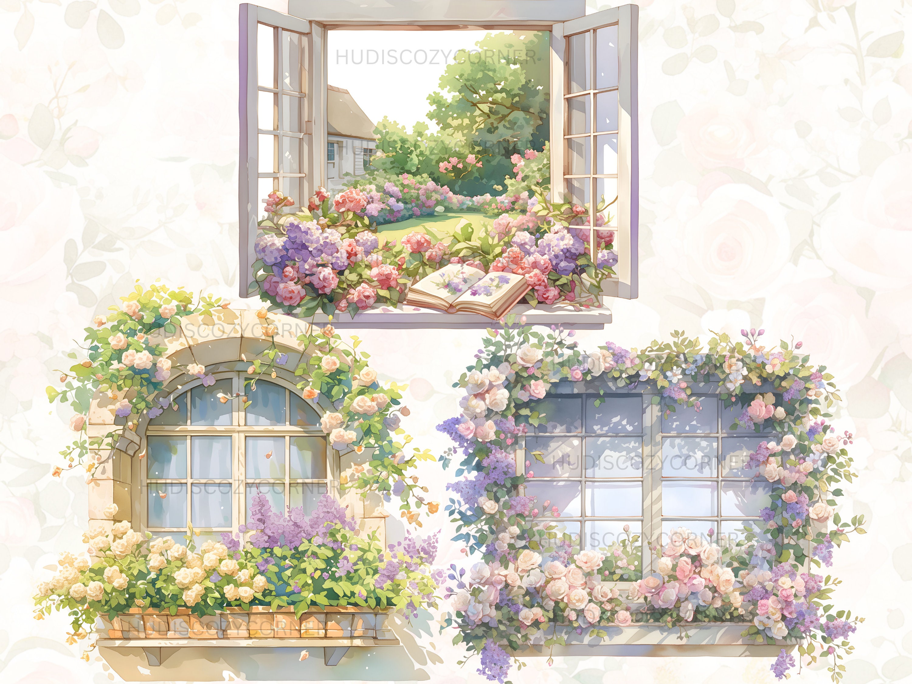 20 Spring Floral Window Clipart, Spring Flower Window View Bundle, Cozy ...