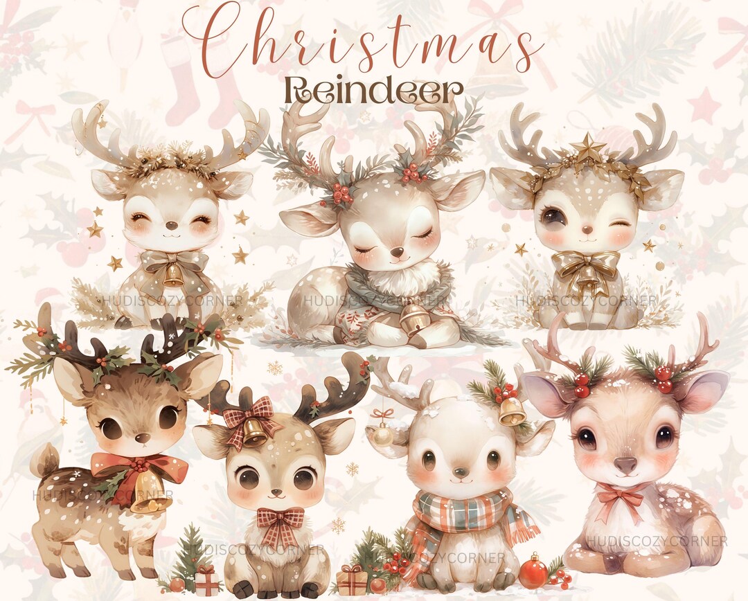 25 Christmas Reindeer Clipart, Watercolor Cute Baby Reindeer Bundle ...