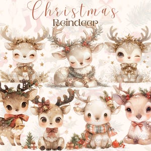 25 Clipart di renne di Natale, bundle di renne carine ad acquerello, cervi delle feste di Natale, bundle JPG, adesivi digitali, artigianato di carta