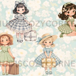 Pode incluir: Quatro ilustra&ccedil;&otilde;es de meninas em vestidos com malas. As meninas est&atilde;o vestindo vestidos de diferentes cores com padr&otilde;es xadrez branco e verde. As malas s&atilde;o de diferentes cores e t&ecirc;m diferentes designs.