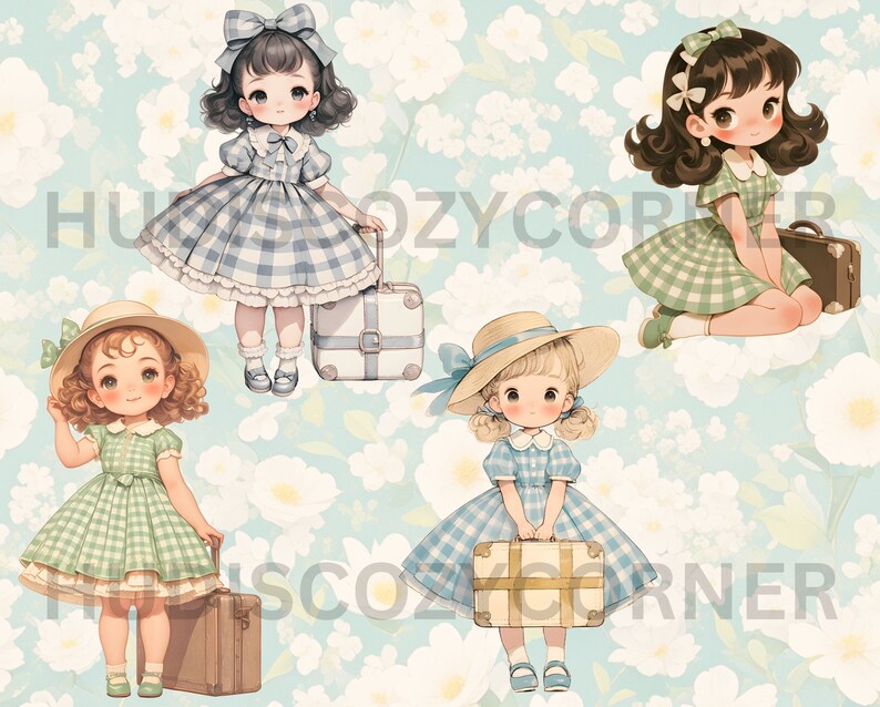 Pode incluir: Quatro ilustra&ccedil;&otilde;es de meninas em vestidos com malas. As meninas est&atilde;o vestindo vestidos de diferentes cores com padr&otilde;es xadrez branco e verde. As malas s&atilde;o de diferentes cores e t&ecirc;m diferentes designs.