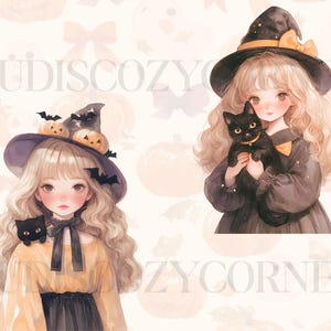 Pu&ograve; includere: Illustrazione ad acquerello con due giovani streghe con i capelli biondi, che indossano cappelli e vestiti da strega. Una strega ha un gatto nero sulla spalla, l'altra tiene un gatto nero. Lo sfondo ha un tema di Halloween con zucche e pipistrelli.