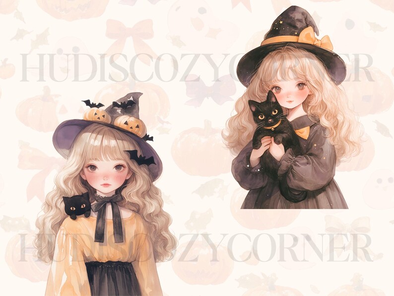 Pu&ograve; includere: Illustrazione ad acquerello con due giovani streghe con i capelli biondi, che indossano cappelli e vestiti da strega. Una strega ha un gatto nero sulla spalla, l'altra tiene un gatto nero. Lo sfondo ha un tema di Halloween con zucche e pipistrelli.