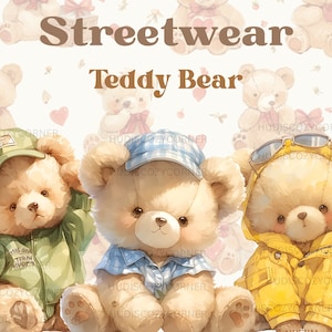 14 Teddy Bear In Streetwear Clipart Bundle, Watercolor Cute Baby Bear Nursery Images, Printable PNG Illustrations, Baby Shower, Paper Craft