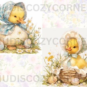 May include: Two yellow ducklings wearing blue and white bonnets, one sitting on the ground with Easter eggs, the other in a wicker basket with Easter eggs. Both are surrounded by yellow and white flowers.