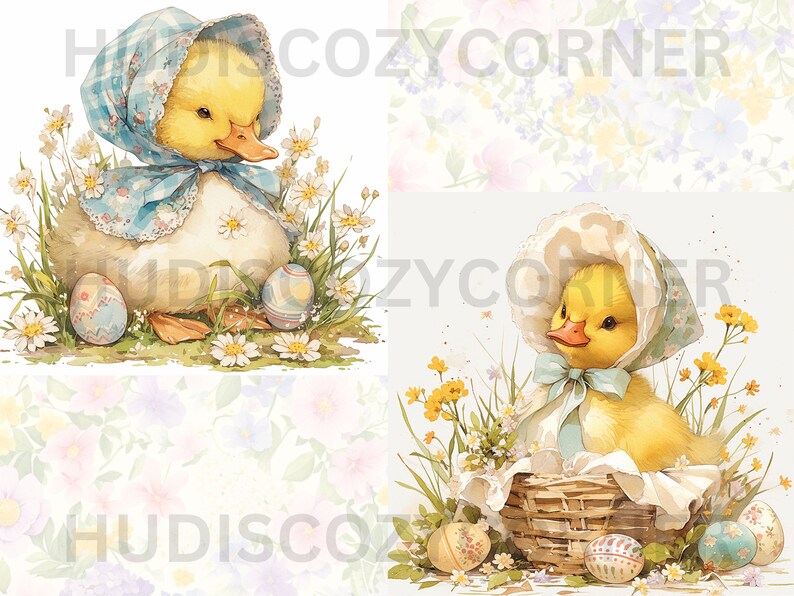 May include: Two yellow ducklings wearing blue and white bonnets, one sitting on the ground with Easter eggs, the other in a wicker basket with Easter eggs. Both are surrounded by yellow and white flowers.