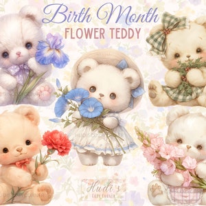 23 geboortemaand bloem teddybeer clipart, aquarel beren met bloemen, afdrukbare png kwekerij decor, babyshower afbeeldingen, commercieel gebruik