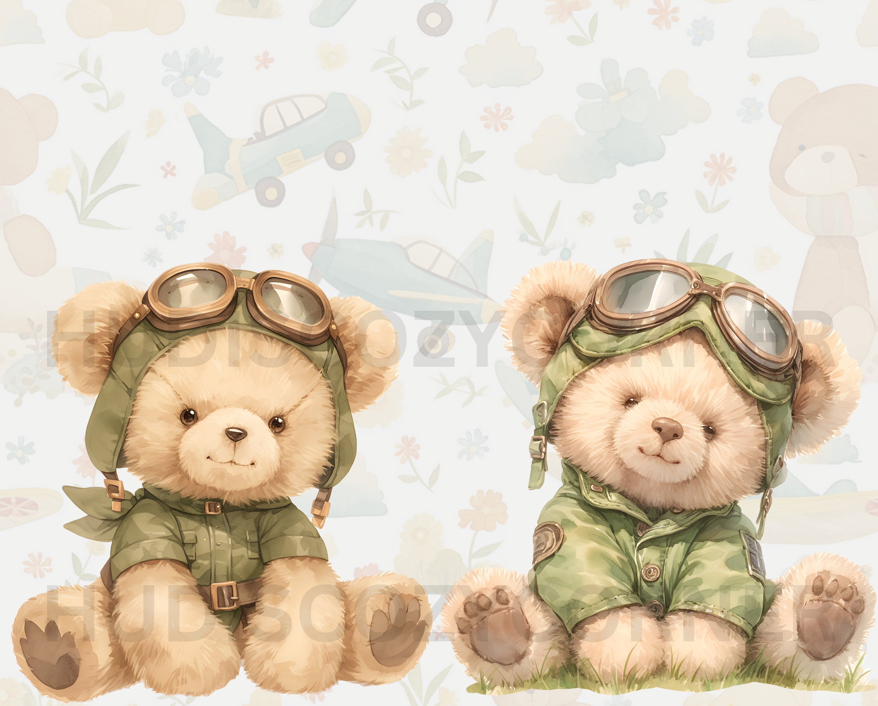 14 Vintage Pilot Teddy Bear Clipart Bundle, Watercolor Aviator Teddy ...