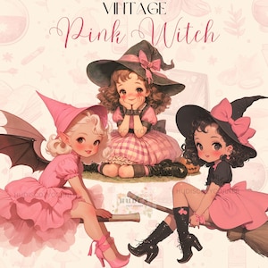 Paquete de 13 imágenes prediseñadas de brujas rosas vintage, acuarela rosa y negra para Halloween, imágenes de brujas lindas para imprimir, imágenes prediseñadas mágicas, uso comercial