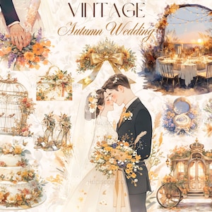 Paquete de 37 imágenes prediseñadas de boda otoñal vintage, elementos de boda otoñal de novios en acuarela, JPG imprimible, creación de tarjetas, descarga digital