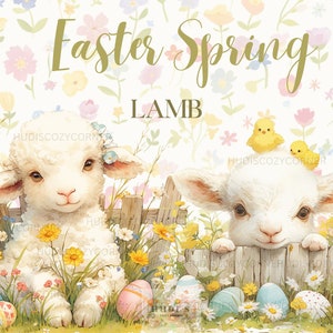 15 Watercolor Lamb Clipart Bundle For Easter Crafting Projects, Spring Florals, Vintage Easter JPG, Baby Lamb And Chick, Commercial Use