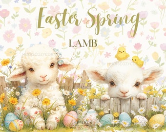 15 bundle di clipart di agnelli acquerellati per progetti di artigianato pasquale, fiori primaverili, JPG di Pasqua vintage, agnello e pulcino, uso commerciale