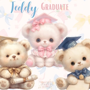 15 Graduating Teddy Bear Clipart Bundle, Watercolor Cute Grad Bear, Printable PNG Grad Teddy Bear, Scrapbooking, Card Making, Commercial use
