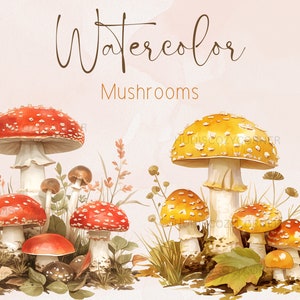 Pacote de 6 clipart de cogumelos em aquarela, gráficos PNG de cogumelos da natureza da floresta com fundos transparentes, diário de lixo e artesanato em papel