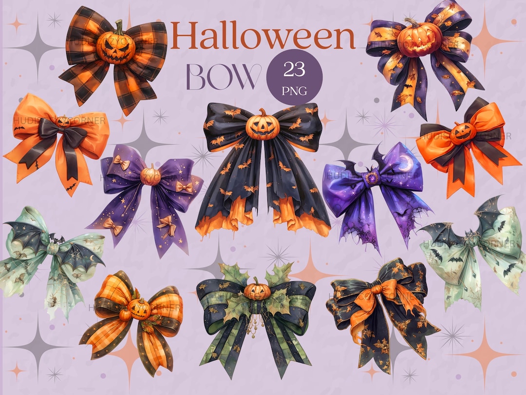 23 Halloween Bow Clipart Bundle, Watercolor Halloween Ribbon, Coquette ...