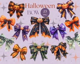 Pacote com 23 cliparts de laços de Halloween, fita de Halloween em aquarela, design de laços de abóbora para a temporada assustadora, PNG para impressão, uso comercial