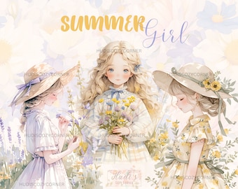 Paquete de 12 imágenes prediseñadas de chicas de verano, chica con vestido en acuarela, descarga digital en formato JPG, diario basura, agenda digital, creación de tarjetas