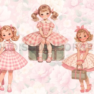 May include: Three girls in pink and white gingham dresses with bows in their hair. One girl is sitting on a vintage suitcase, another is holding a suitcase, and the third is holding a smaller suitcase. The background is a pink floral pattern.