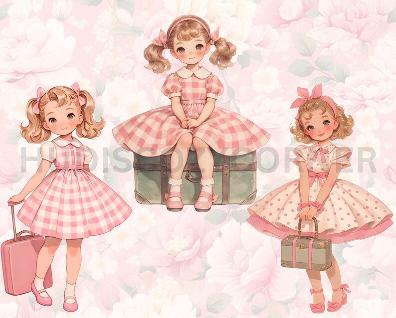 May include: Three girls in pink and white gingham dresses with bows in their hair. One girl is sitting on a vintage suitcase, another is holding a suitcase, and the third is holding a smaller suitcase. The background is a pink floral pattern.