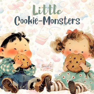 9 lindo niño comiendo galleta, paquete de imágenes prediseñadas de estilo vintage, PNG de guardería, ilustración de niños de dibujos animados de acuarela para tarjeta de regalo, álbum de recortes