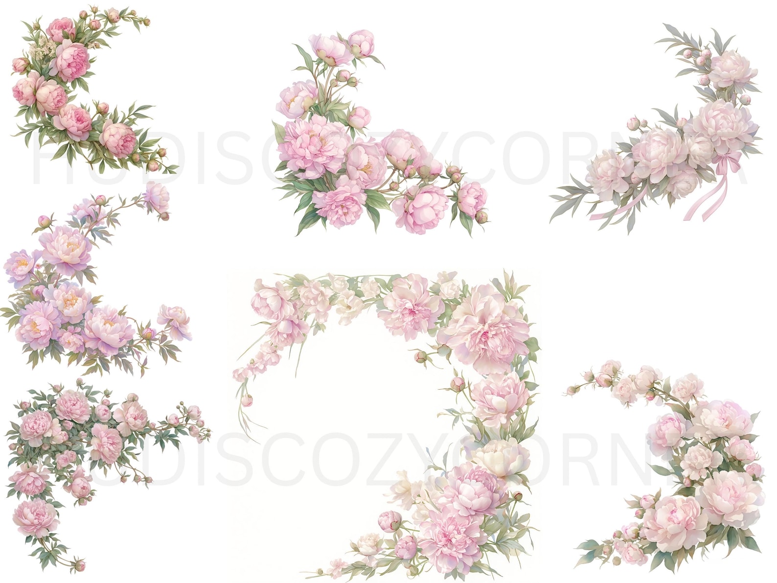 37 Soft White and Pink Peony Floral Border Clipart, Watercolor Peonies ...
