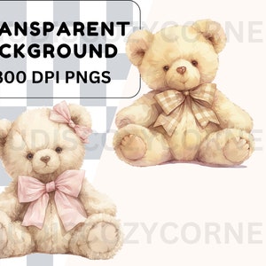 May include: Two plush teddy bears, one with a pink bow and the other with a brown and white checkered bow. Both bears are sitting with their paws in front of them.