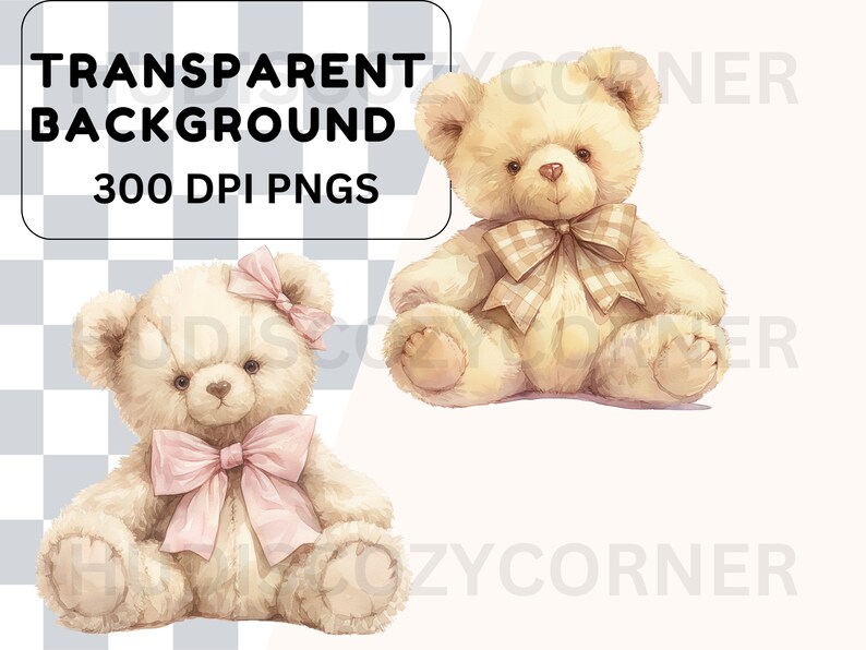 May include: Two plush teddy bears, one with a pink bow and the other with a brown and white checkered bow. Both bears are sitting with their paws in front of them.