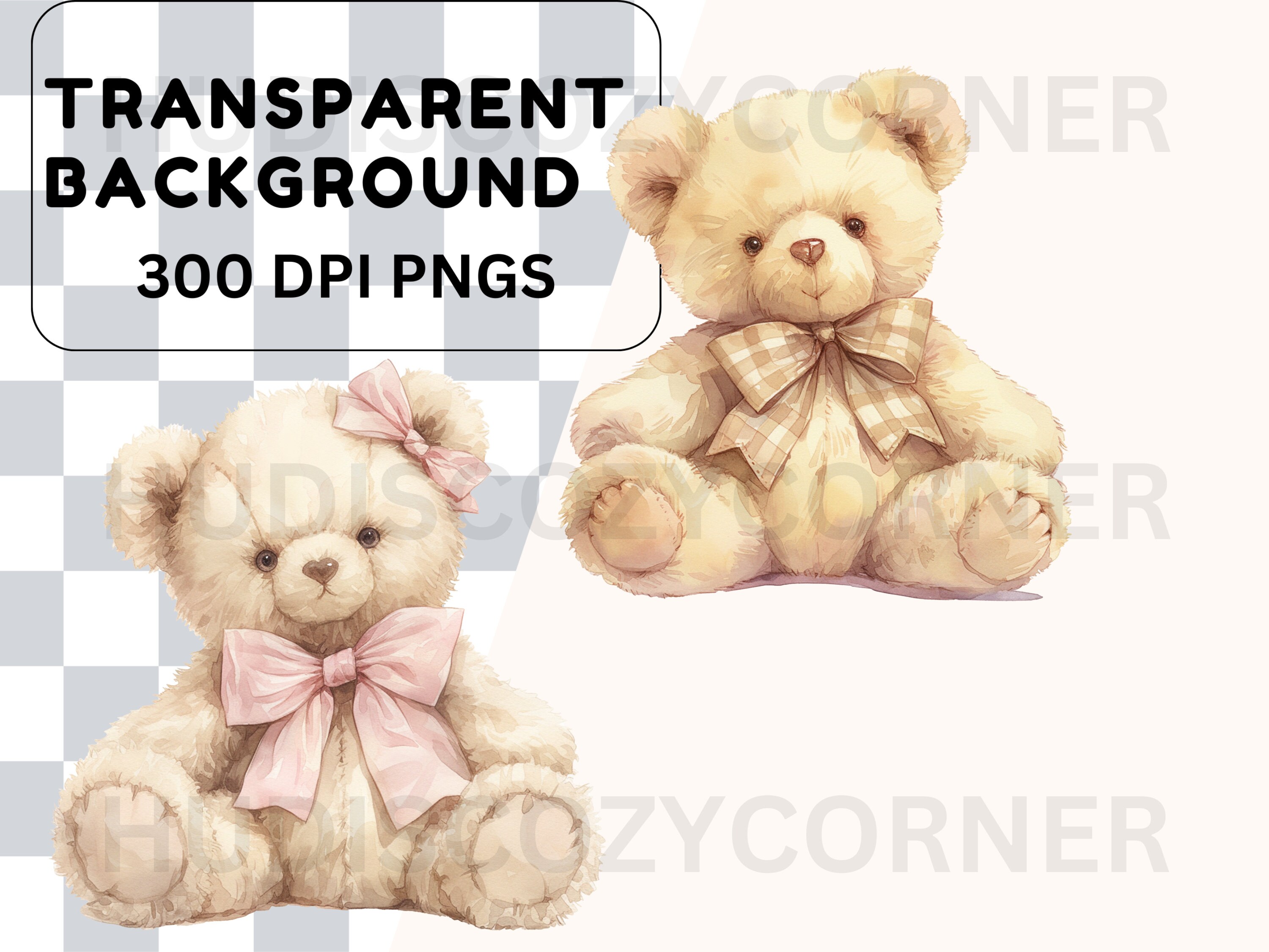 8 Cute Teddy Bear With Bow Clipart, Vintage Watercolor Teddy Bears, PNG ...