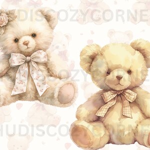 May include: Two plush teddy bears with bows. The bear on the left has a floral bow and a flower on its head. The bear on the right has a plaid bow. Both bears are sitting on a white background with a pattern of hearts and teddy bears.