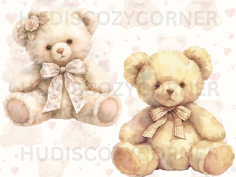 May include: Two plush teddy bears with bows. The bear on the left has a floral bow and a flower on its head. The bear on the right has a plaid bow. Both bears are sitting on a white background with a pattern of hearts and teddy bears.